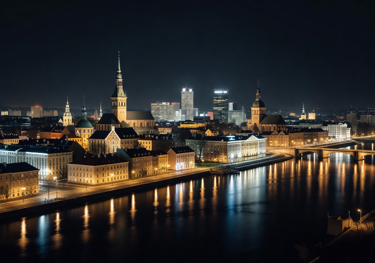 Riga skyline night view Latvia